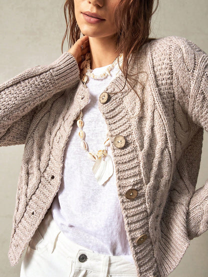 Bohemela Women's Loose Fit Solid Round Neck Long Sleeve Cardigan For Vacation,Long Sleeve Tops Apricot