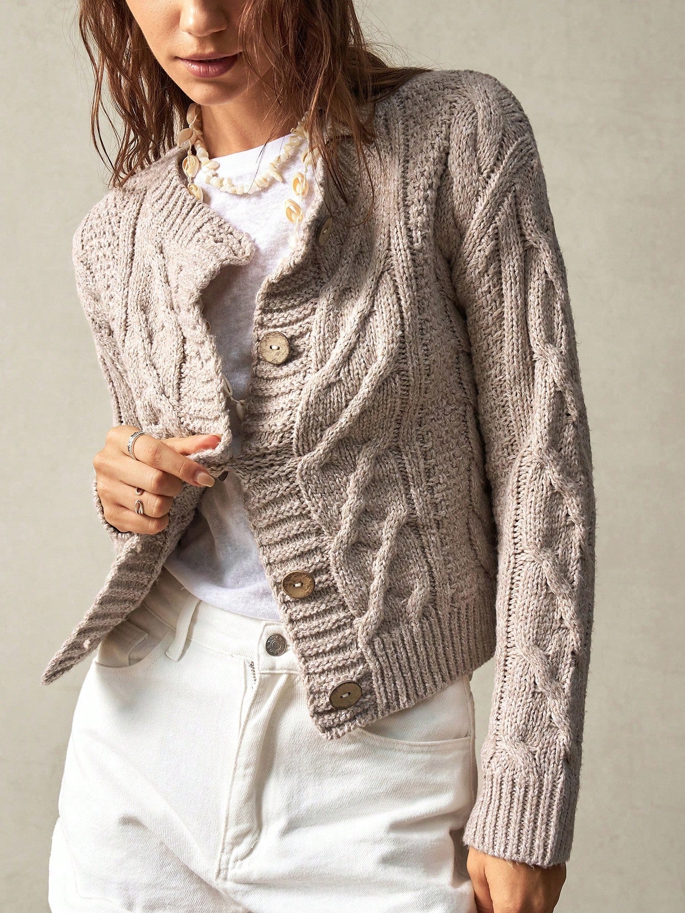 Bohemela Women's Loose Fit Solid Round Neck Long Sleeve Cardigan For Vacation,Long Sleeve Tops Apricot