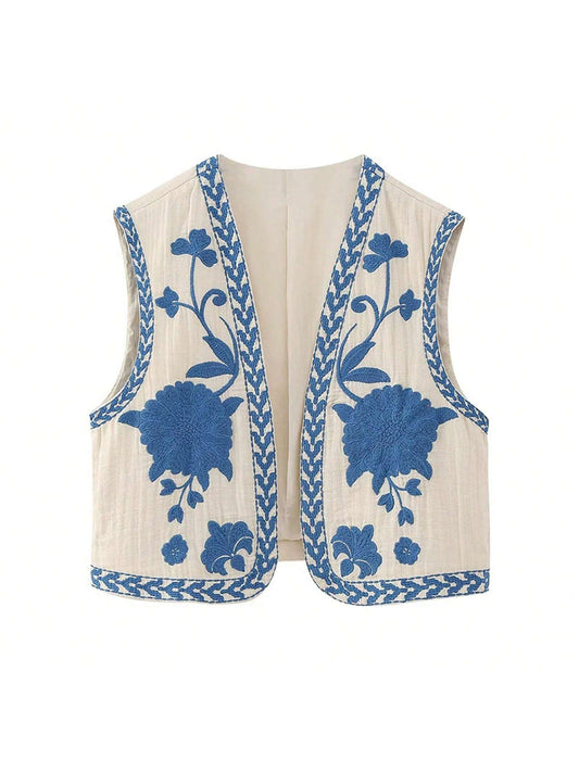 Women Vintage Embroidered Floral Vest Top Y2k Sleeveless Open Front Crop Vest Boho Floral Waistcoat Jacket Blue