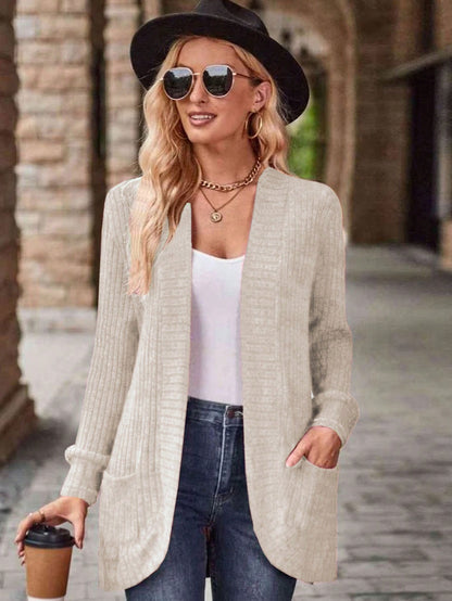 SHEIN LUNE Women's Casual Ribbed Brushed Cardigan With Side Pockets & Shorts Set Apricot