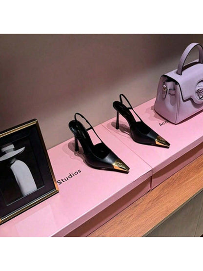 High Heels 2024 Autumn New Patent Leather Metal Pointed Stiletto Heel Closed Toe Temperament Back Empty Single Shoes Black Patent Leather 7cm