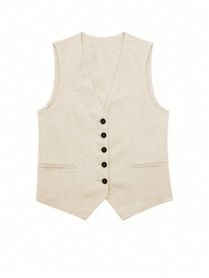 SHEIN LUNE Button Front Vest Jacket Without Tee Apricot