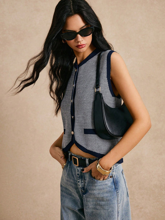 Poéselle New Arrival Color Block Striped Knit Camisole Vest, Fashionable Ladies Sleeveless Waistcoat,Women Tops,Going Out Tops Blue
