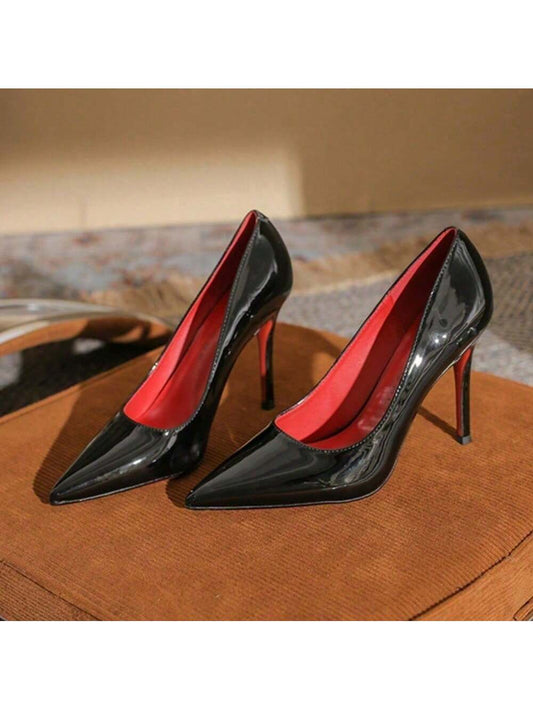 Ladies New Style Red Bottom Black High Heels Female Stilettos Sexy Nightclub Patent Leather Desire Style Banquet Dinner Ladies High Heels Single Shoes Black-7cm