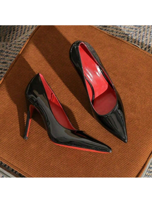 Ladies New Style Red Bottom Black High Heels Female Stilettos Sexy Nightclub Patent Leather Desire Style Banquet Dinner Ladies High Heels Single Shoes Black-7cm