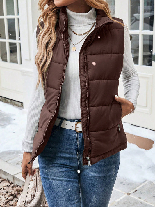 SHEIN LUNE Women's Casual Solid Color Zipper Front Sleeveless Padded Puffer Vest, Versatile Everyday Wear, Autumn/Winter Clothes Mocha Brown
